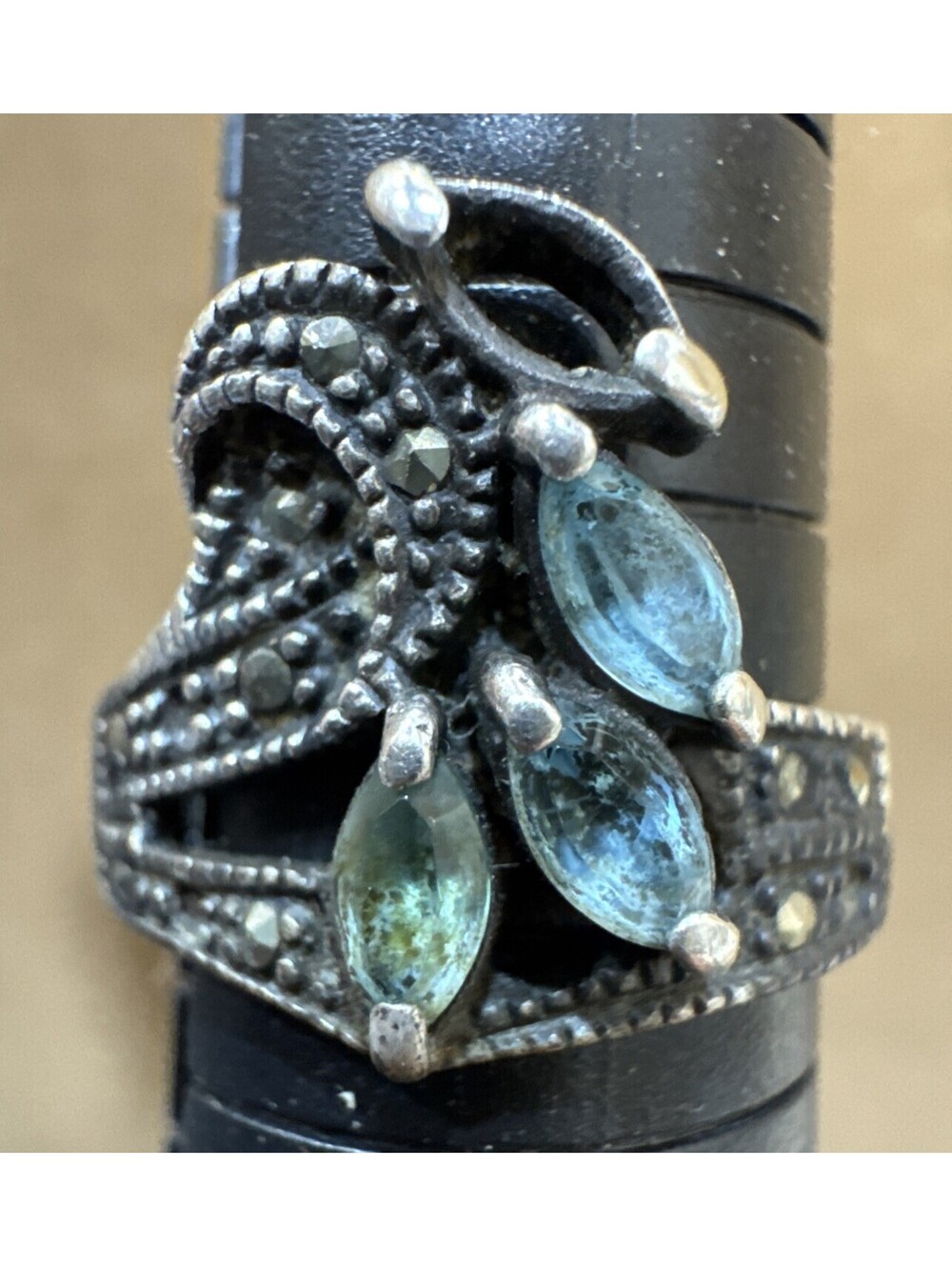 VTG Sterling Silver 925 Blue Gemstone Wave Ring-Sz 8 Missing Stone | HAN Stamped